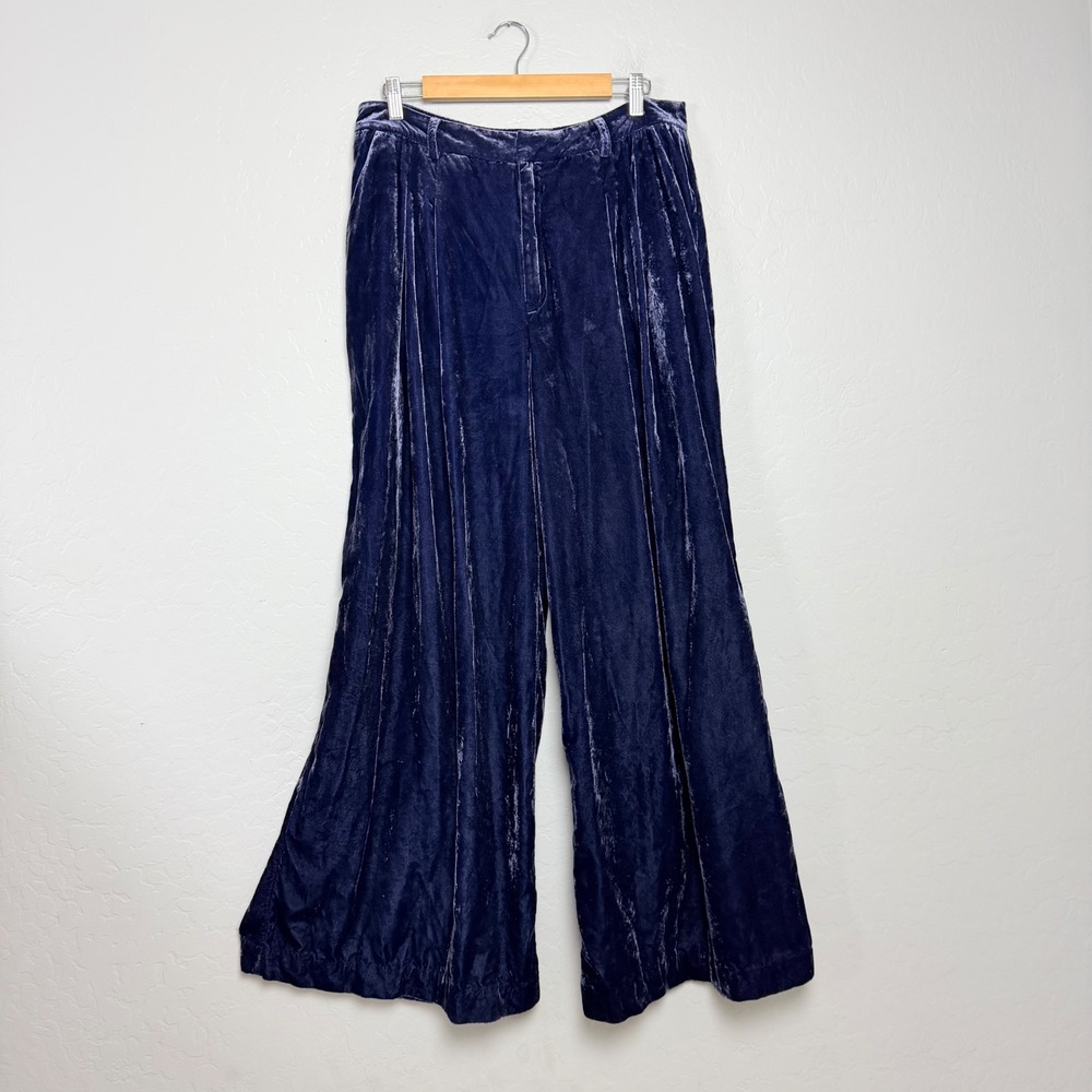 Maeve Anthropologie Navy Blue Velvet Wide Leg Pleated Pants Size 12 Trousers